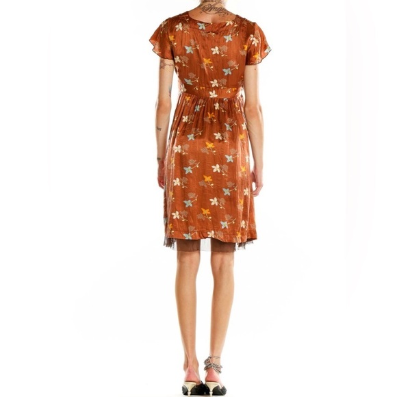 Free People Women's V-Neck Babydoll  Floral Rust Silk Mini Dress Size 12 - Picture 4 of 14